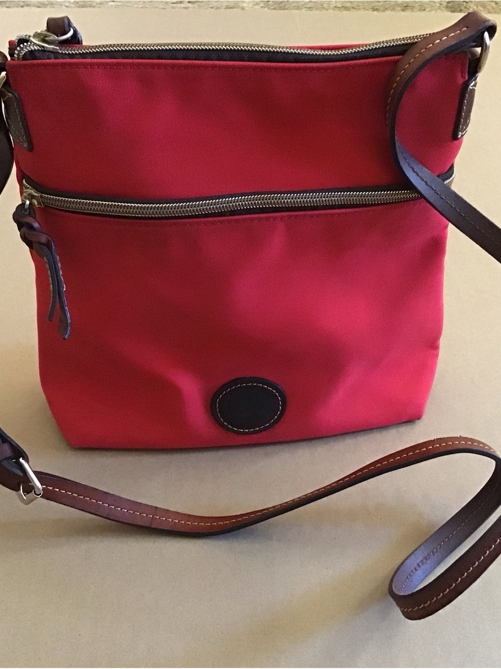 Dooney & Bourke Red Nylon Canvas Crossbody Leather Trim, Adjustable Strap